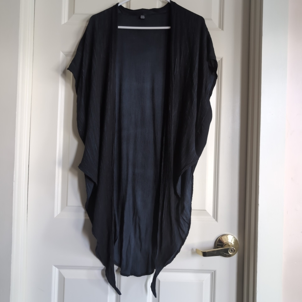Black and blue striped slouchy batwing kimono style wrap with tie front